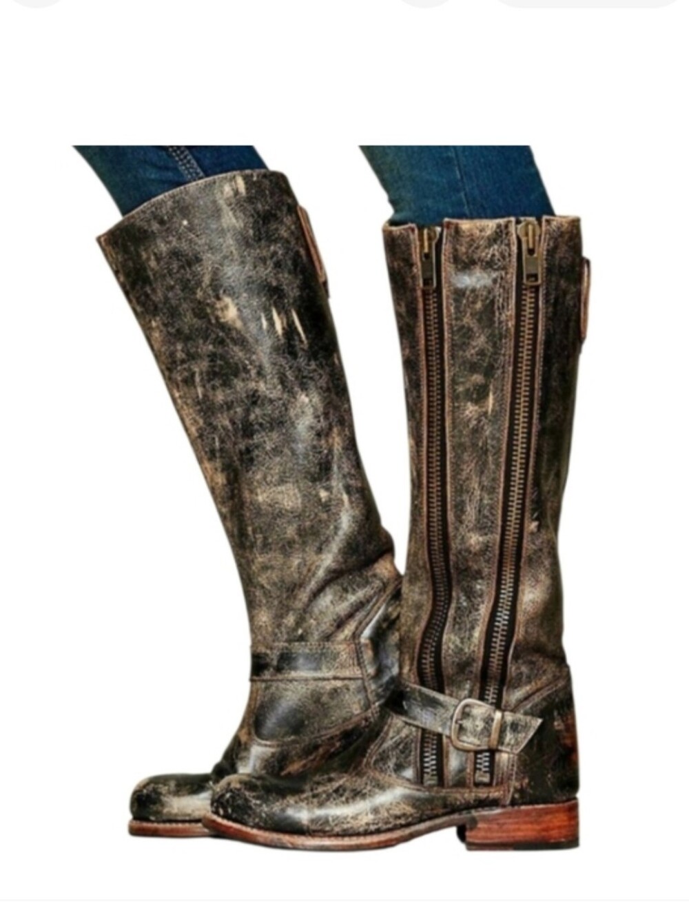 Bedstu Tango Double Zipper Leather Riding Boots - Brown And Black Distressed